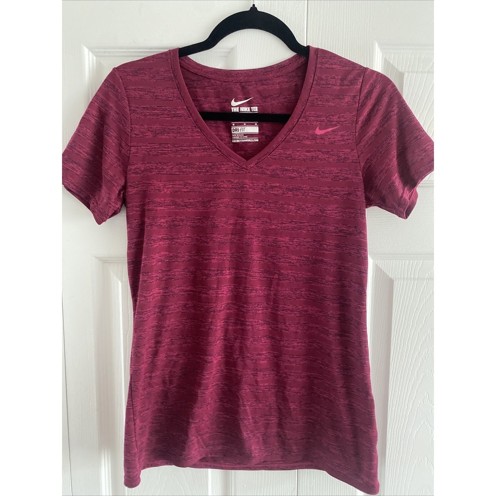 Nike Dri-FIT V-Neck Tee Womens M Burgundy Space Dye Athletic Shirt Size M